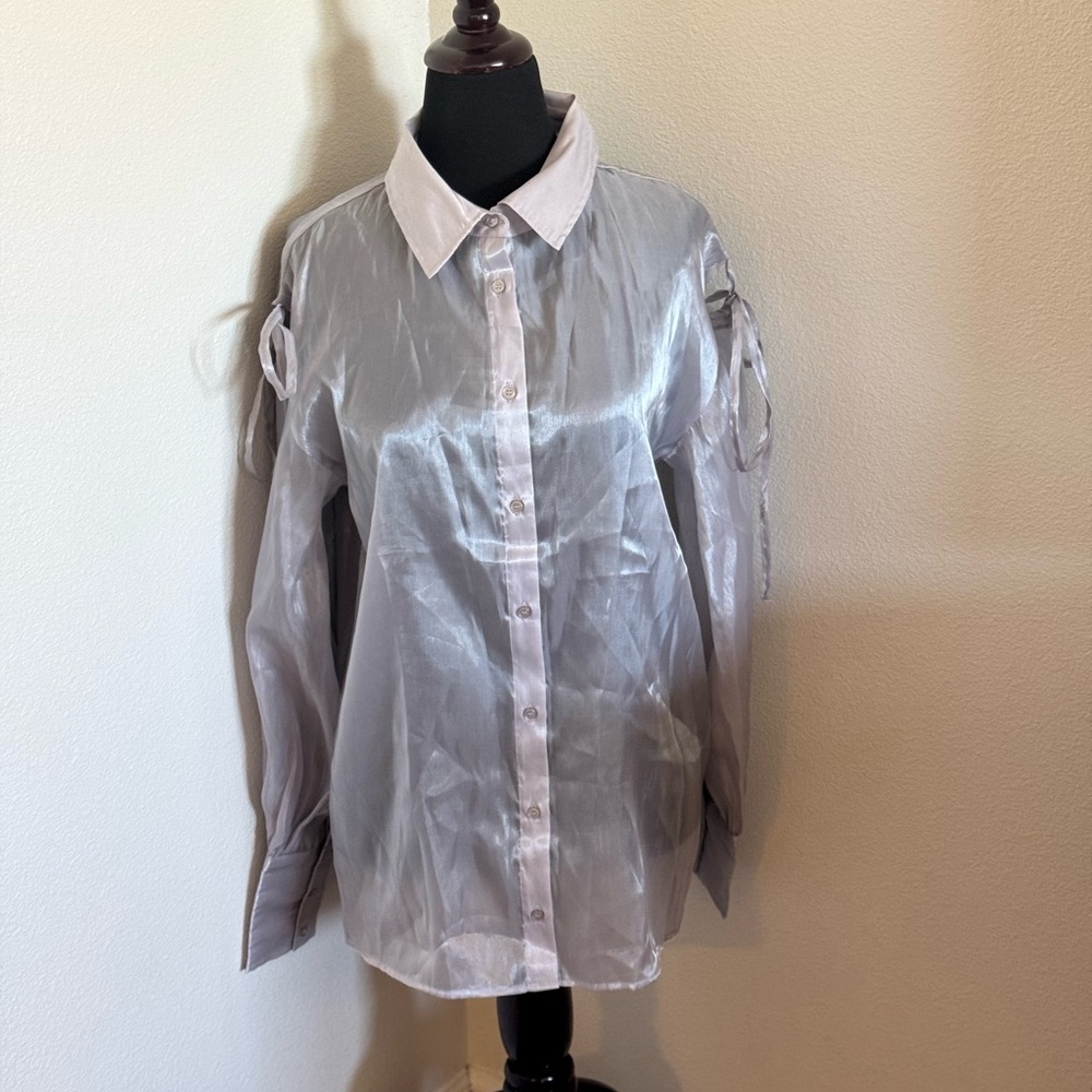 2 FOR $25 Heather Sheer Silver Metallic Blouse Top Tunic Cut Out Shoulders M